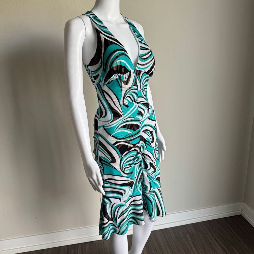 Vitnage Y2K Cache Swirl Print Micro Mesh Shimmer Ruched Dress